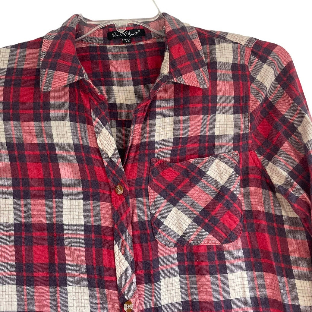 Velvet Heart Soft Red and Navy Blue Plaid Button Down Top