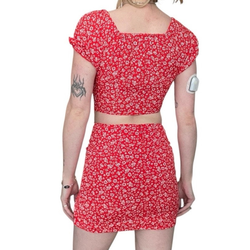Sundae Muse. Red Floral Matching Mini Skirt & Cropped Blouse Set