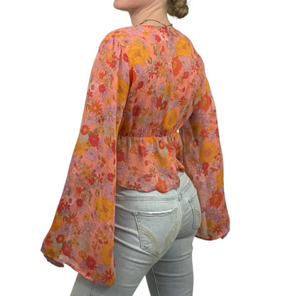 Wild Fable Sheer Orange Floral Long Bell Sleeve Tie Front Blouse