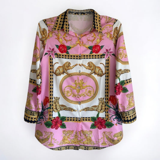 Beautiful Oriental Print Pink Tiger Long Sleeve Button Down Blouse