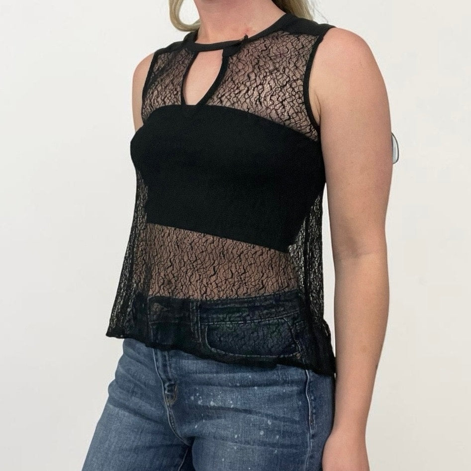 H&M Sheer Black Lace Keyhole Tank Top Blouse