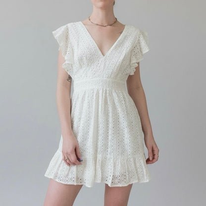 Aqua White Eyelet Lace Embroidered V-Neck A-Line Mini Dress