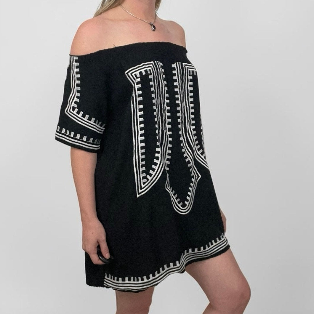 Black & White Embroidered Off the Shoulder Mini Dress
