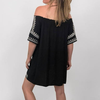 Black & White Embroidered Off the Shoulder Mini Dress