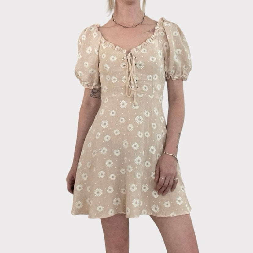 Nasty Gal Nude Floral Puff Sleeve Lace Up Front A-Line Mini Dress