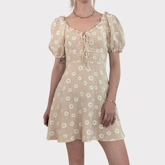 Nasty Gal Nude Floral Puff Sleeve Lace Up Front A-Line Mini Dress