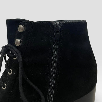 Soda Black Faux Suede Block Heel Lace Up Ankle Boots