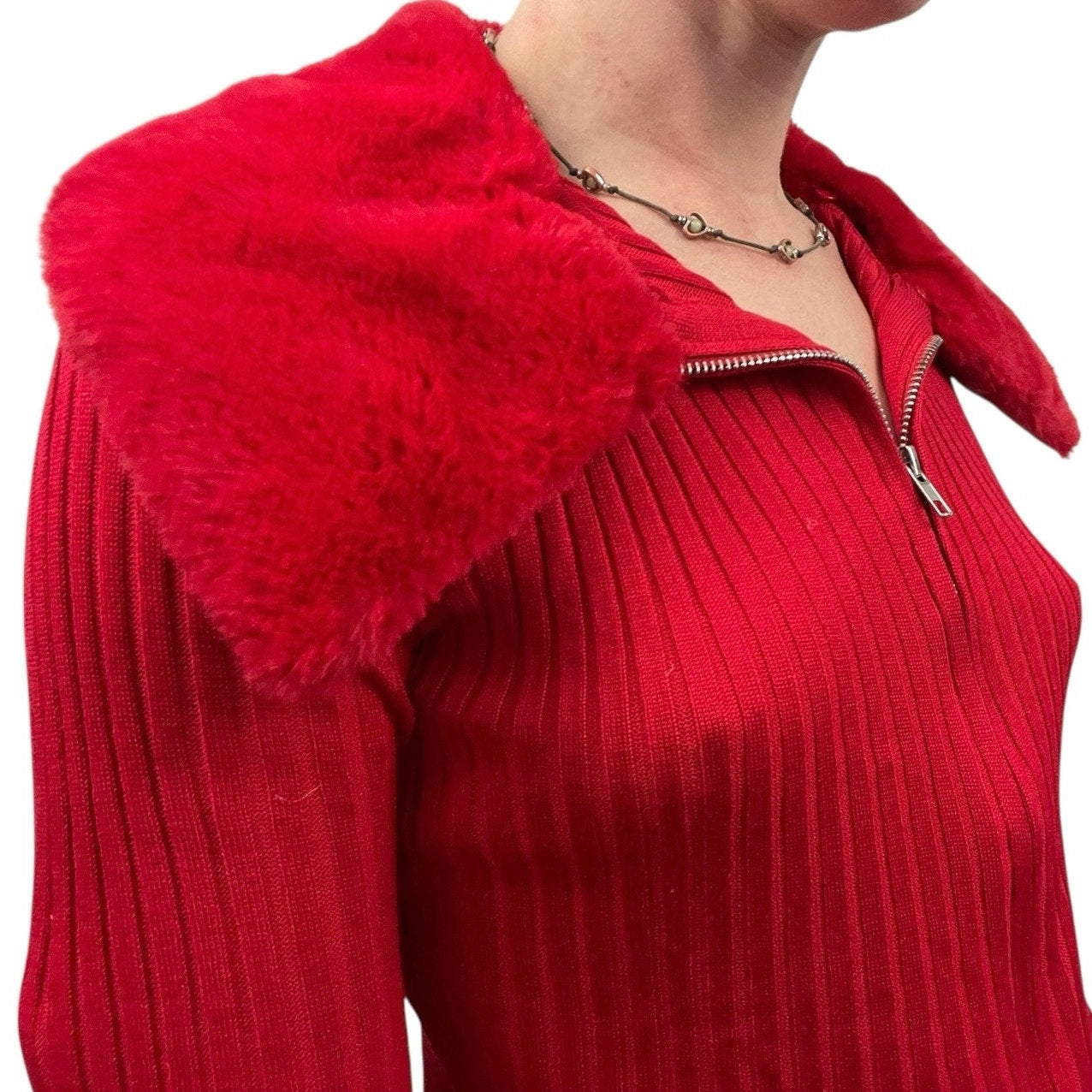 No Boundaries Red Ribbed Zip Up Fur Collar Long Sleeve Top