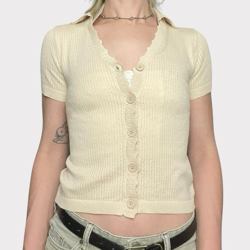 NWT Rihoas Sheer Cream Short Sleeve Button Down Blouse