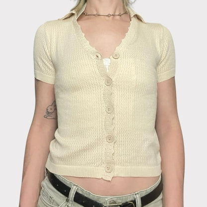 NWT Rihoas Sheer Cream Short Sleeve Button Down Blouse