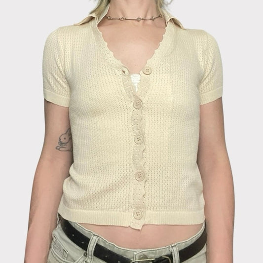 NWT Rihoas Sheer Cream Short Sleeve Button Down Blouse