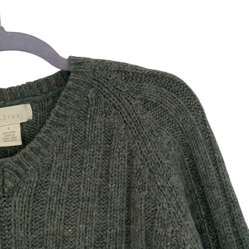 J. Jill Green Wool Knit V-Neck Sweater