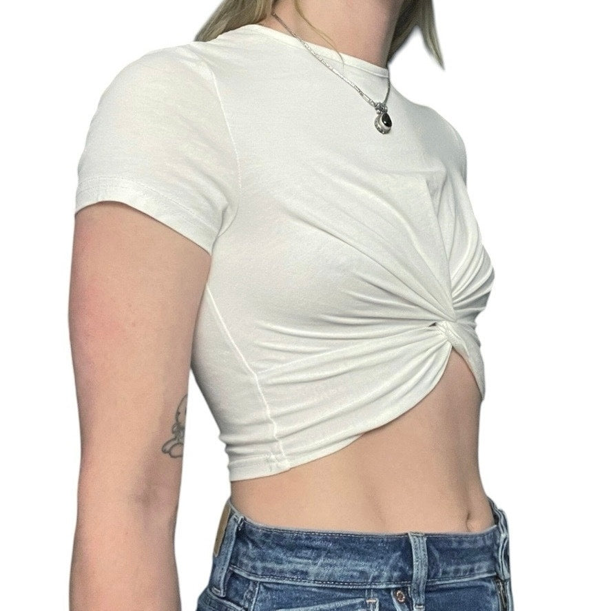 SHEIN White Short Sleeve Knot Front Cropped Top