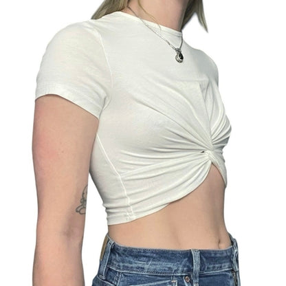 SHEIN White Short Sleeve Knot Front Cropped Top