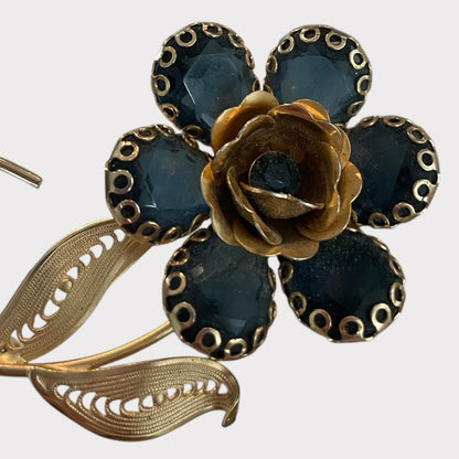 Vintage Blue Gemstone & Gold Flower Pendant Brooch Pin