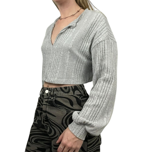 Grey Ribbed Cropped V-Neck Long Sleeve Top