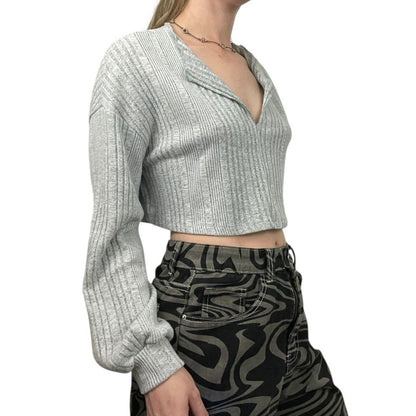 Grey Ribbed Cropped V-Neck Long Sleeve Top