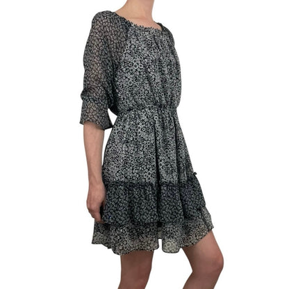 LOFT Black & Black Floral Layered Half Sleeve A-Line Mini Dress