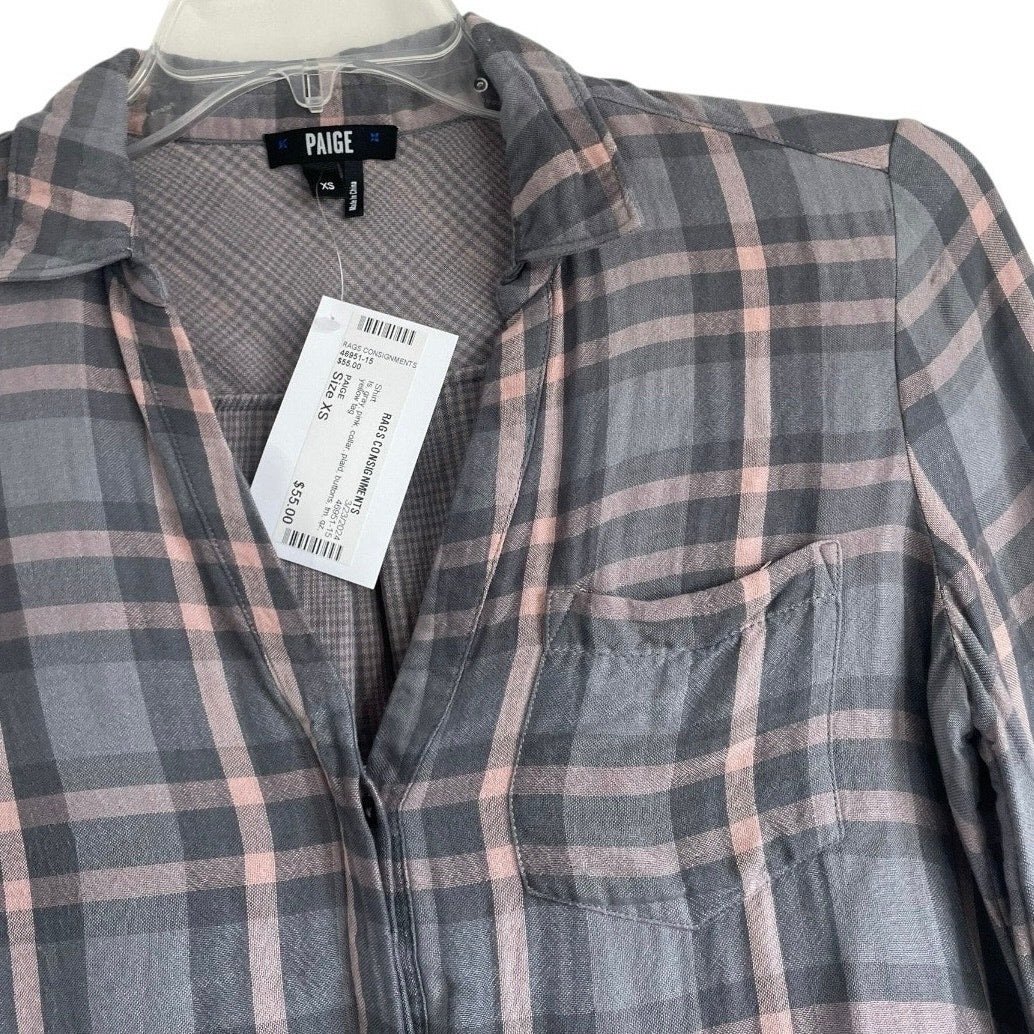 NWT Paige Grey and Pink Plaid Button Down Long Sleeve Top