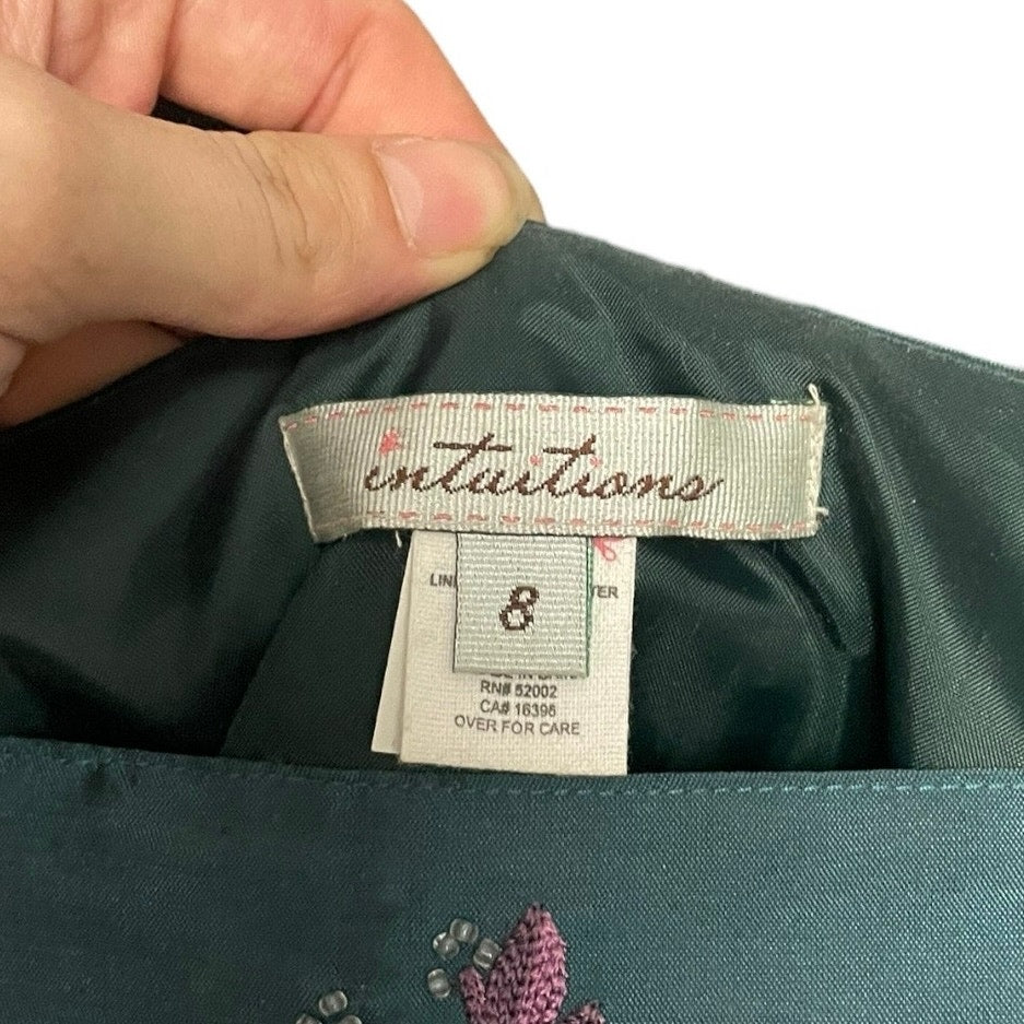 Intuitions Vintage Silk Green Floral Embroidered Skirt