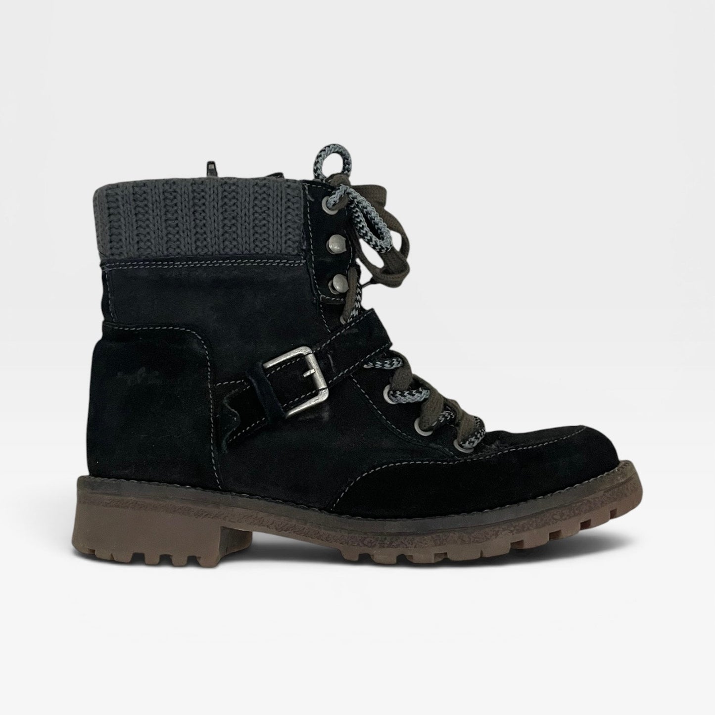 Colony Black Suede Knit Cuff Lace Up Combat Ankle Boots
