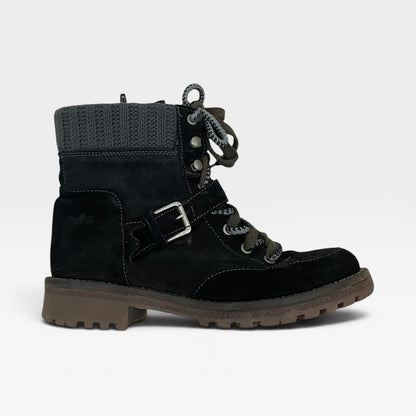 Colony Black Suede Knit Cuff Lace Up Combat Ankle Boots