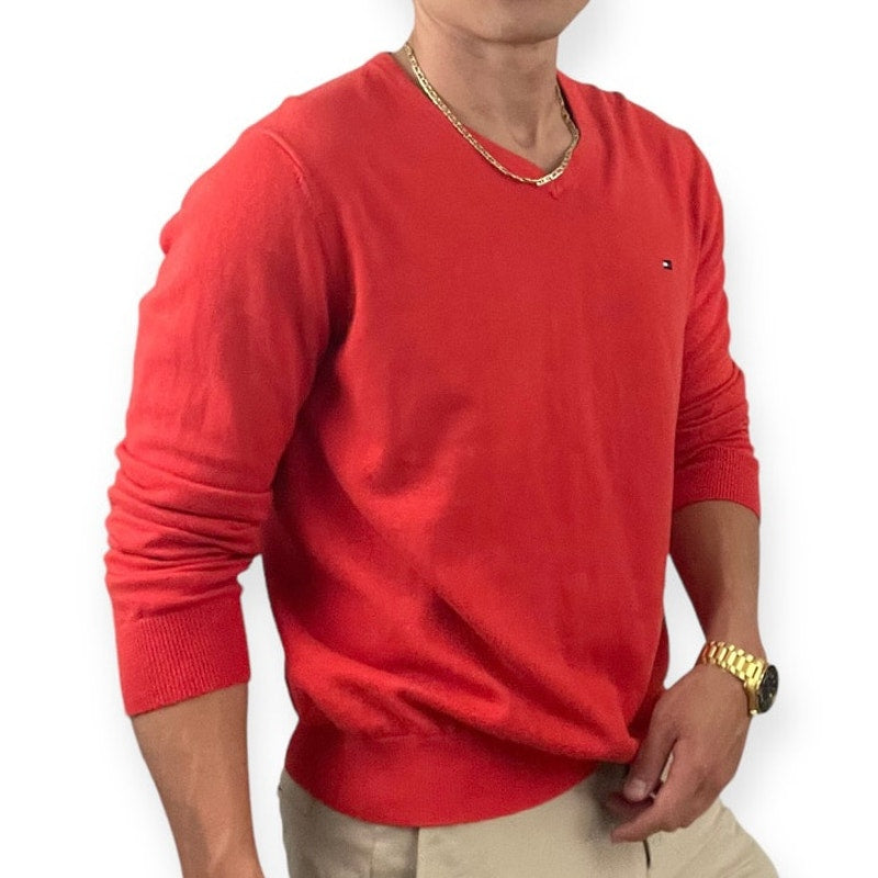 Tommy Hilfiger Vintage Mens Red V-Neck Sweater