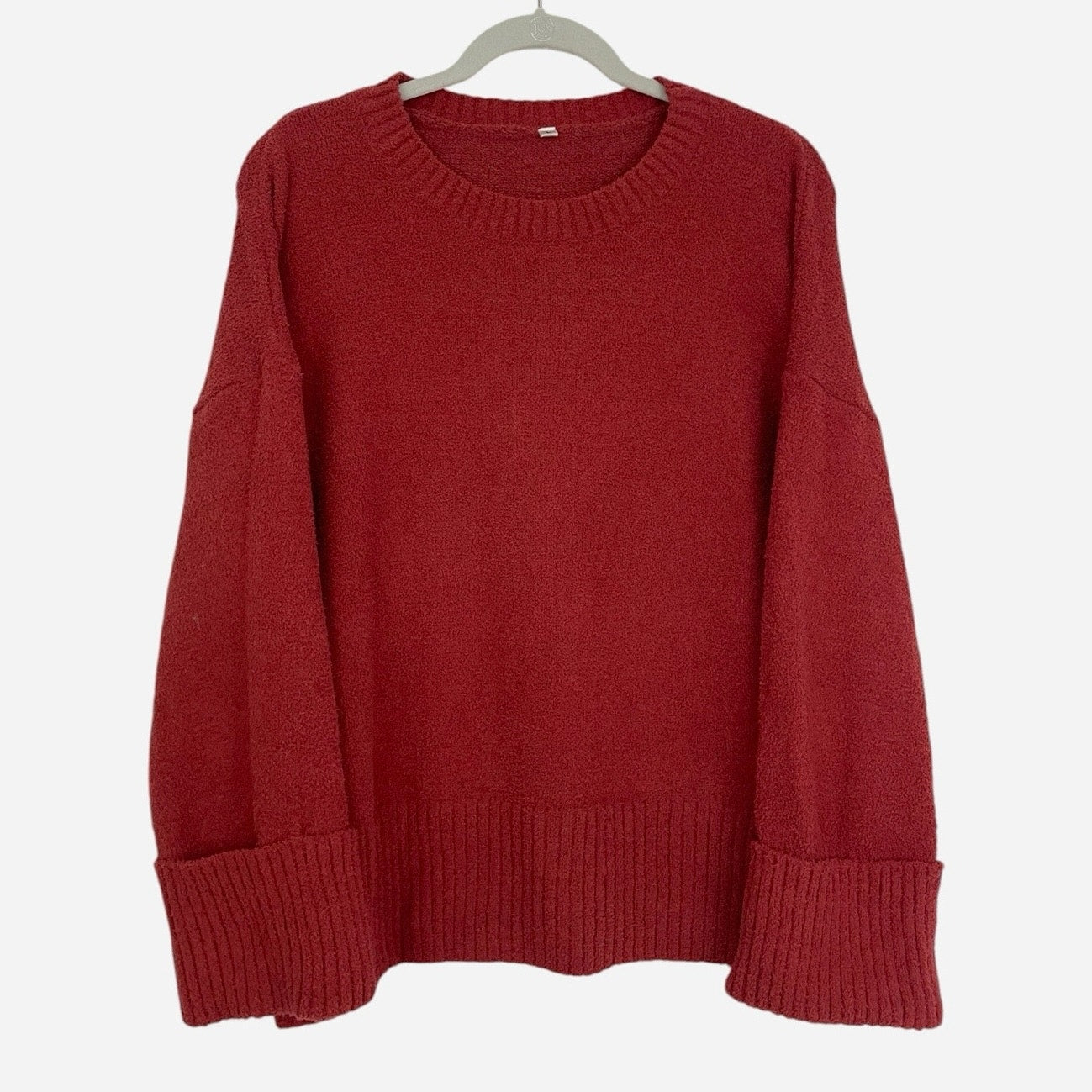 Red Textured Knit Cuffed Sleeve Crewneck Sweater