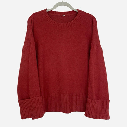 Red Textured Knit Cuffed Sleeve Crewneck Sweater