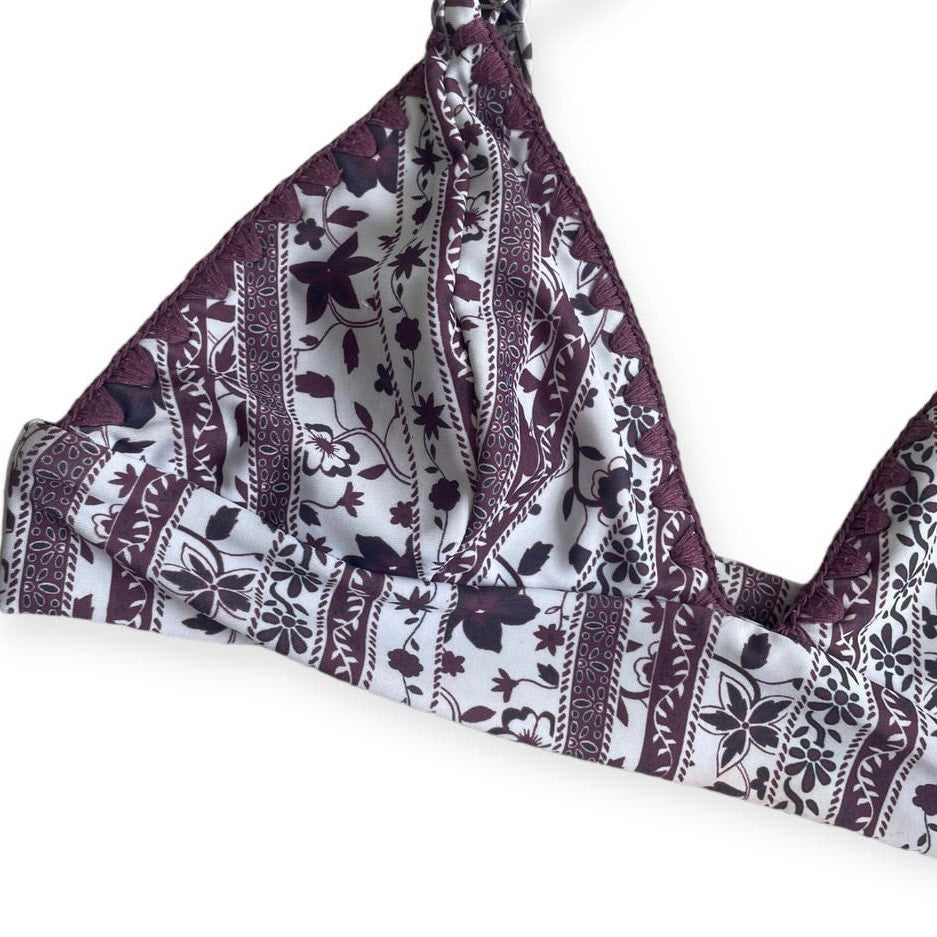 Boho Purple and White Embroidered Trim Triangle Bikini Top