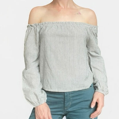 Brandy Melville Grey & White Pin Striped Off the Shoulder Puff Sleeve Blouse