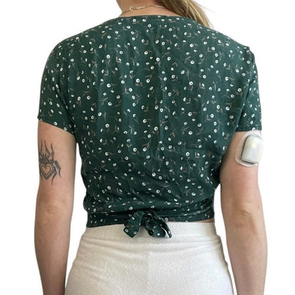 Brandy Melville Green Floral V-Neck Wrap Top