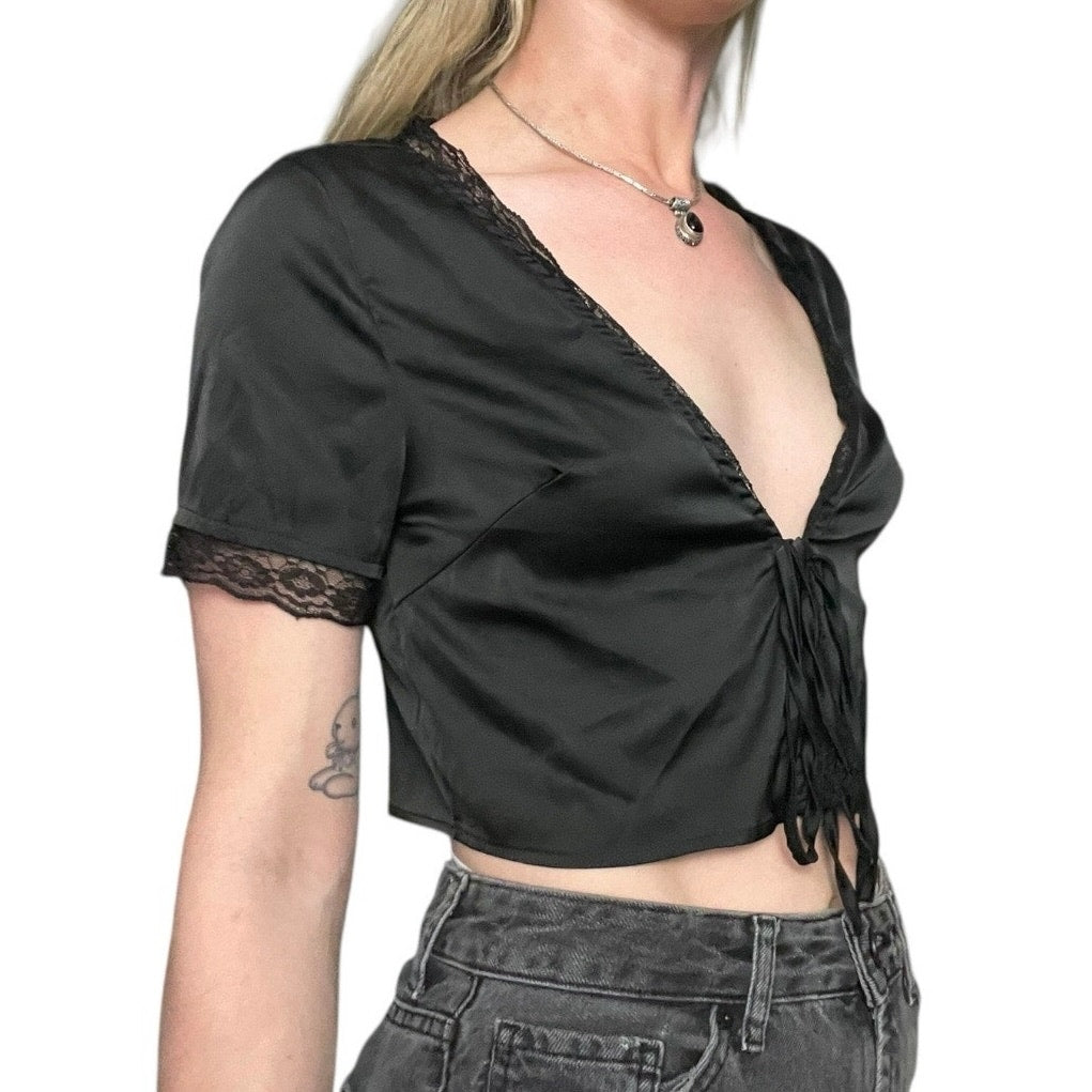 SHEIN Black Silky Lace Trim Tie Front Cropped Short Sleeve Blouse
