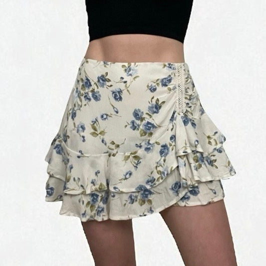 Full Tilt White & Blue Floral Ruffled Mini Skort