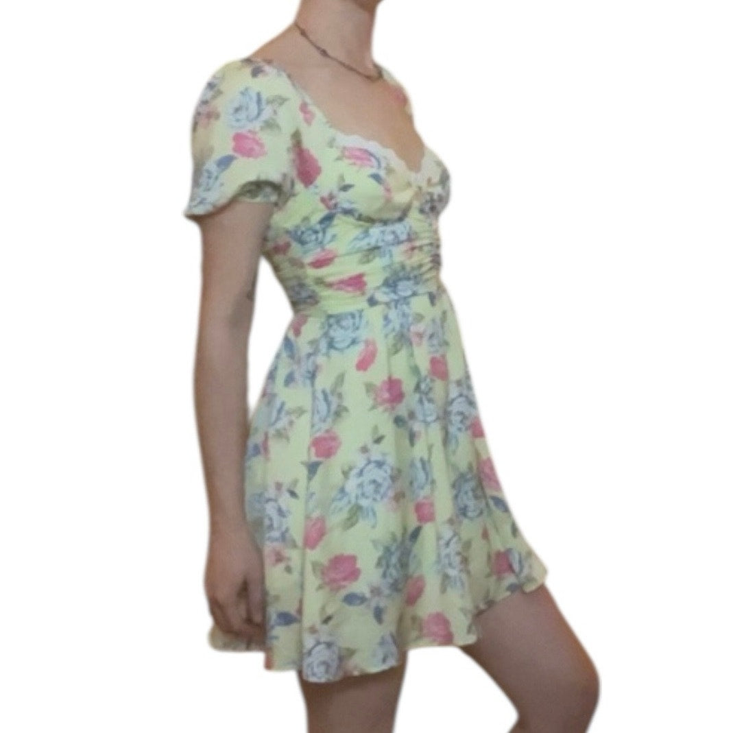 Forever 21 Yellow Floral Puff Sleeve A-Line Ruched Mini Dress
