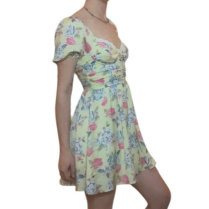 Forever 21 Yellow Floral Puff Sleeve A-Line Ruched Mini Dress