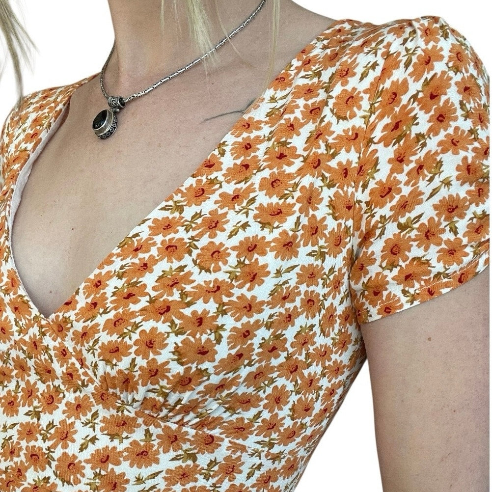 Morning Mist Orange & White Floral A-Line V-Neck Mini Dress