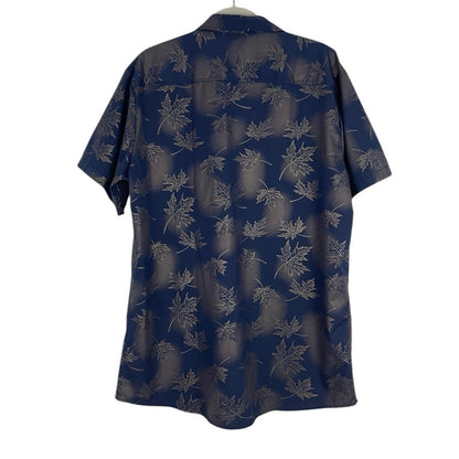 Mens Navy Blue & Gold Foil Fall Leaf Print Short Sleeve Button Down Shirt