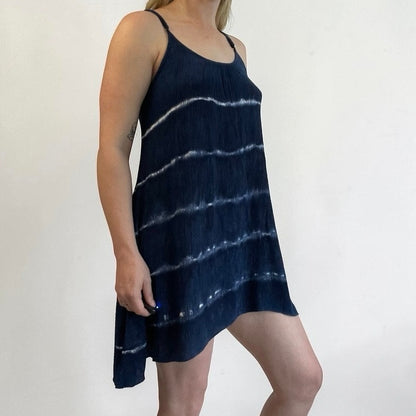 Navy Blue & White Tie Dye Striped Mini Dress