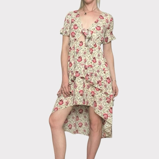 Nasty Gal Cream & Red Floral Hi-Low Layered Cutout Tie Front Midi Dress