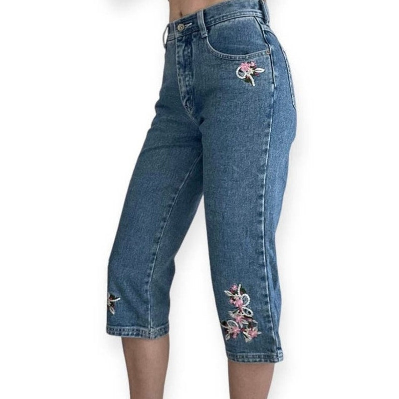 R.V.T Juniors Floral Embroidered Cropped Jeans