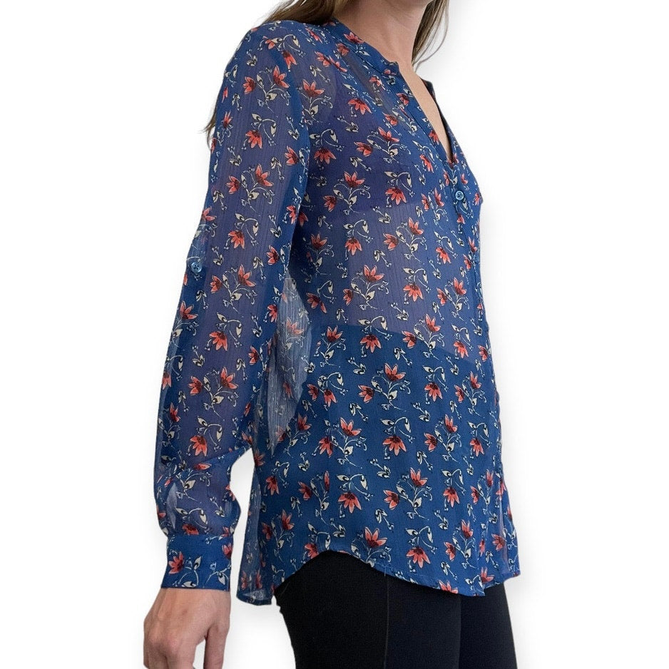 Kut From The Kloth Sheer Blue Floral Long Sleeve Button Down Blouse