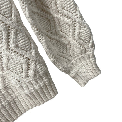 LOFT White Loose Diamond Cable Knit Crewneck Sweater