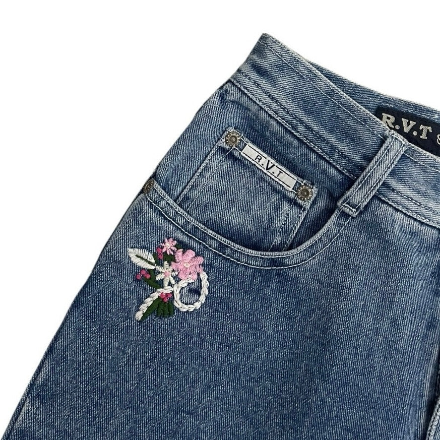 R.V.T Vintage Floral Embroidered Ankle Cropped Jeans