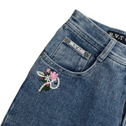 R.V.T Vintage Floral Embroidered Ankle Cropped Jeans