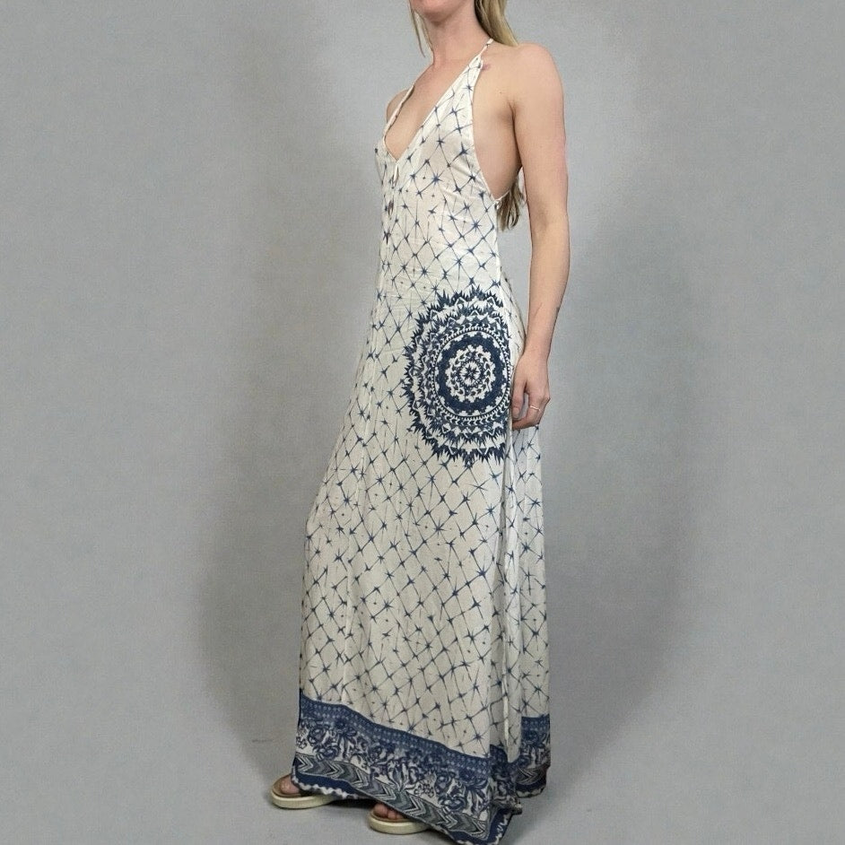 Desigual White & Blue Boho Halter Cross Open Back Side Slit Maxi Dress