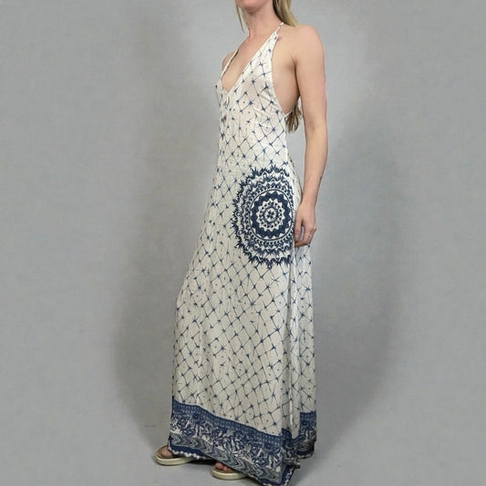 Desigual White & Blue Boho Halter Cross Open Back Side Slit Maxi Dress