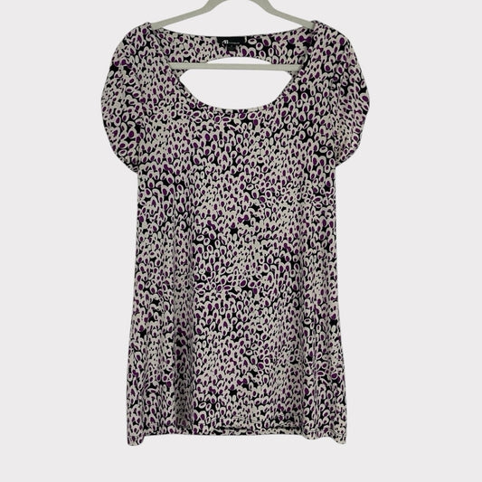 AB Studio Purple Abstract Print Short Sleeve Cutout Back Blouse