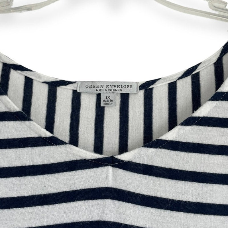 Green Envelope Navy Blue and White Striped Ruffled Short Sleeve Blouse