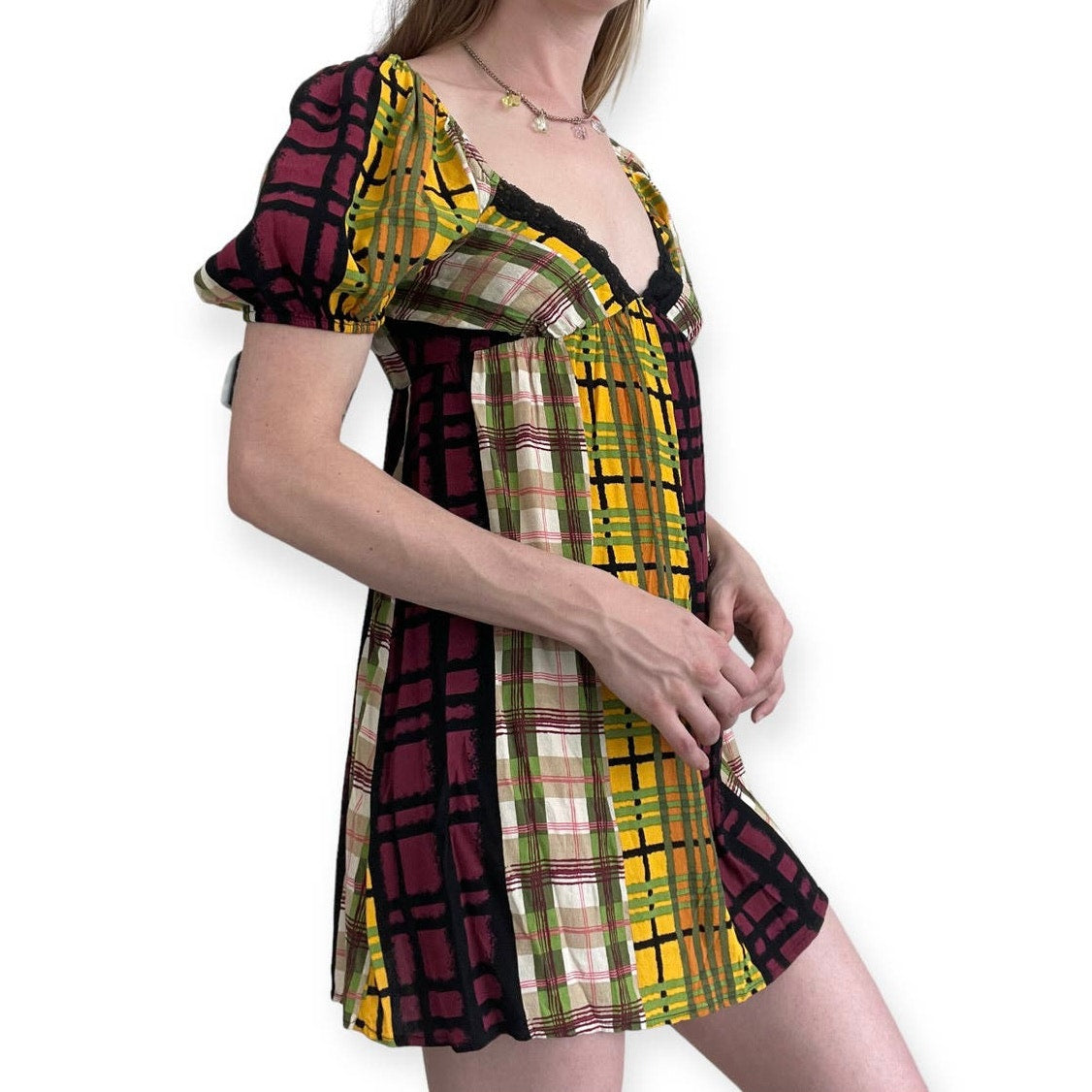 Forever 21 Colorful Plaid Puff Sleeve A-Line Mini Dress